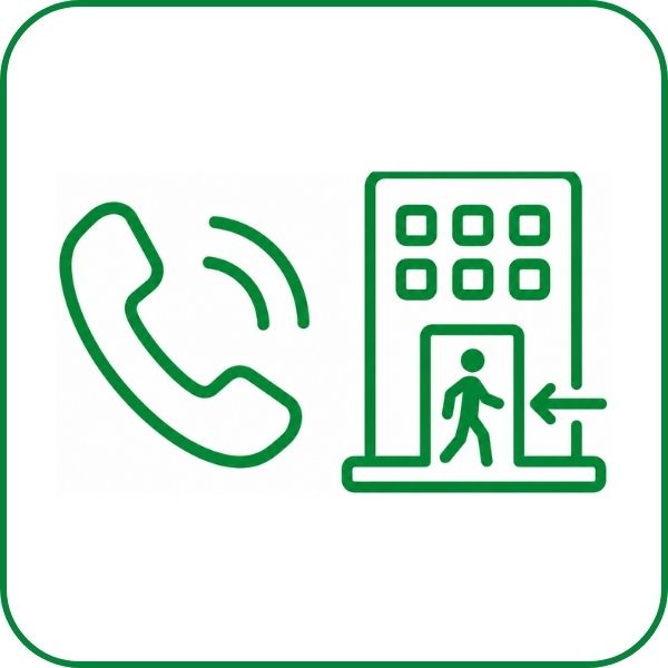 Ikonka telefonu i osoby wchodzącej do budynku.