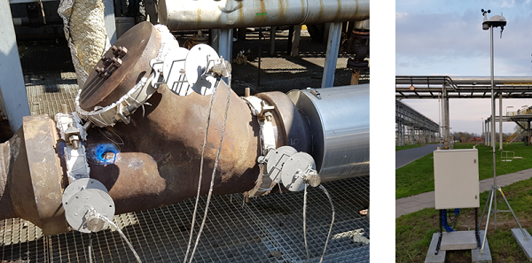 Układy z czujnikami AE zamontowane na monitorowanym obiekcie oraz szafa elektryczna z systemem AE i stacja pogodowa