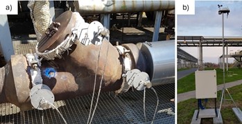 Rurociąg z zamontowanymi czujnikami emisji akustycznej wykorzystywanymi w monitorowaniu stanu technicznego.