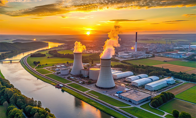 Elektrownia jądrowa na tle sielskiego krajobrazu