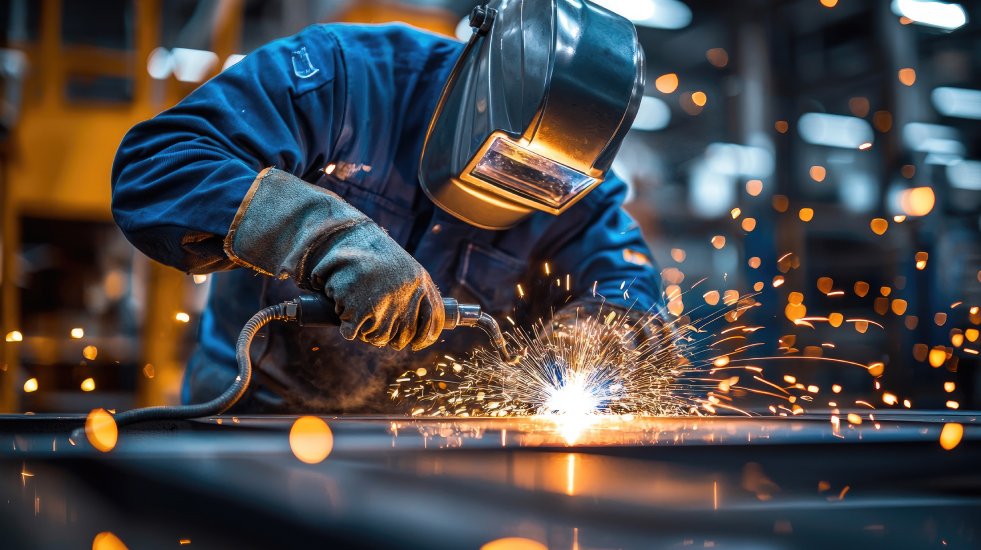 Obraz spawacza w masce ochronnej spawającego metalowy element, otoczonego iskrami