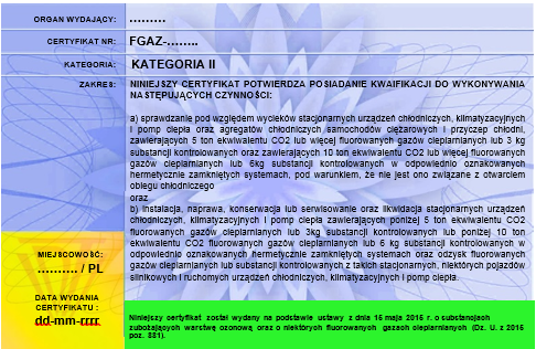 wzór certyfikatu personelu urządzenia chłodnicze, klimatyzacyjne, pompy ciepła rewers