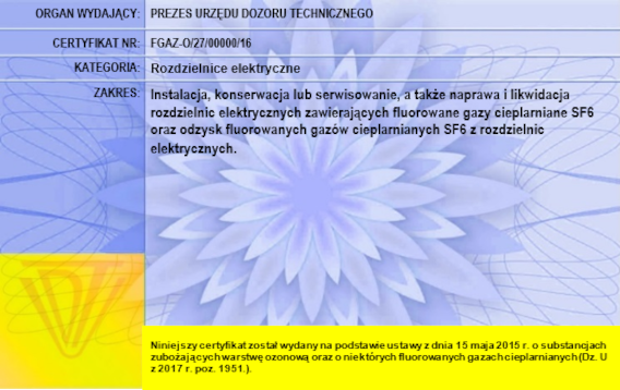 wzór certyfikatu personelu rozdzielnice elektryczne rewers