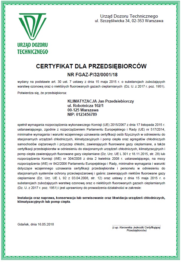 wzór certyfikatu dla prezdsiebiorców